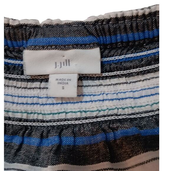 J. JILL Linen Blend Smocked Blouse Shirt Top Small Peasant Stripes Casual Travel - Picture 5 of 8